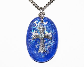 Fused Transparent Blue with Dichroic Glass, Includes Silver Tone Cross