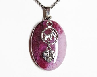 Fused Rose and Pink Glass Pendant with Silver Tone Dog and Heart