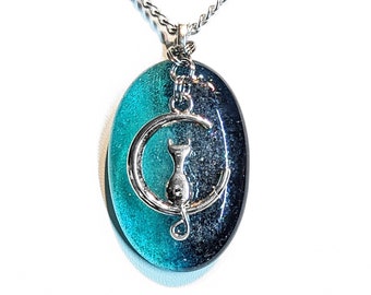 Fused Aqua, Navy and Iridescent Glass Pendant with Silver Tone Crescent Moon Cat