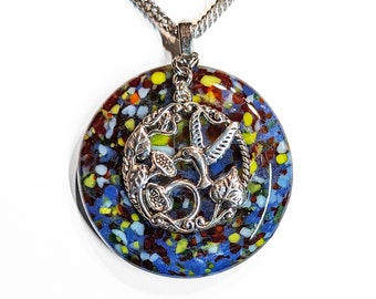 Large Multi-colored Glass Pendant with Silver Tone Hummingbird and Flowers