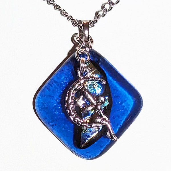 Blue and Dichroic Glass Pendant with Silver Tone Crescent Moon Fairy