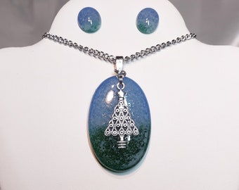 Fused Sky Blue and Green Glass Pendant with Silver Tone Christmas Tree; Matching Fused Glass Post Earrings