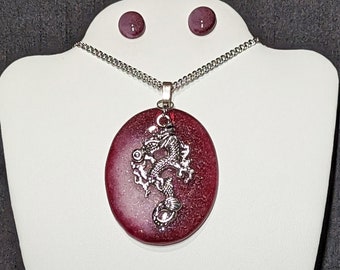 Large Fused Rose and Pink Glass Pendant with Silver Tone Asian Dragon; Matching Post Earrings Included