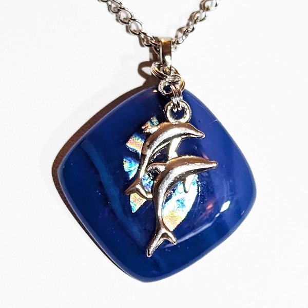 Blue and Dichroic Glass Pendant with Silver Tone Dolphins