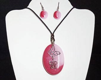 Fused Mauve and Pink Glass Pendant with Silver Tone Butterflies; Matching Dangling Earrings Included