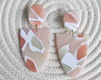 Multicoloured translucent neutral toned dangle polymer clay earrings with stainless steel earring posts