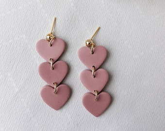 HEART DROPS dangle polymer clay earrings with 24k shiny gold plated stainless steel earring posts