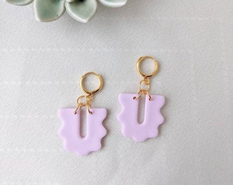 CHANELLE scalloped pastel dangle polymer clay earrings with 12mm x 15mm 24k shiny gold plated brass leverback huggie hoops