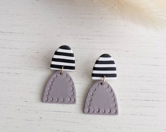 HARPER black and white striped tops and colourful bottoms. dangle polymer clay earrings with stainless steel earring posts