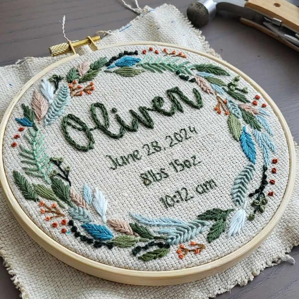 Descarga digital: Bastidor de bordado para anuncio de nacimiento [Plantilla editable de Canva]