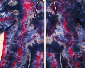 Sudadera ligera con capucha y cremallera de manga larga con efecto tie-dye para mujer en una combinación de diseño de flor de loto rosa y azul: 'Pink Shadow'