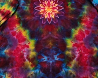 Camiseta de manga larga de algodón para mujer, talla M, con estampado tie-dye – Mandala de flor de loto arcoíris - 'Rosa mágica'