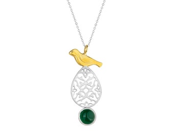 Sterling Silver Green Agate Bird Necklace, Handmade Jewelry