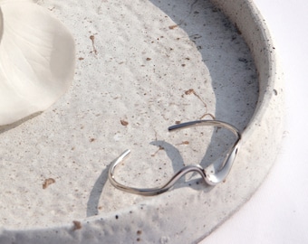 Adjustable Sterling Silver Wave Bangle, Minimalist Cuff Bracelet