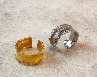 Sterling Silver Chunky Adjustable Ring, Rustic Textured Wide Band, Molten Style