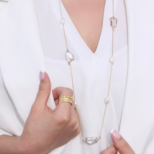 Long collier en argent et perles naturelles, long collier de perles d'eau douce naturelles blanches, collier de perles irrégulières, collier de perles baroques