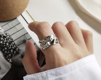 Hammered Sterling Silver Chunky Ring, Adjustable Wide Band, Minimalist