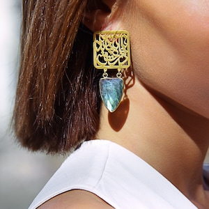 Sterling Silver Earrings, Persian Calligraphy, Statement Earrings, Rumi Earrings, Handmade Jewelry, Unique Gift for Her, Faceted Labradotite