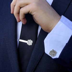 Sterling Silver Artisanal Tie Clip, Persian Silver Tie Bar, Groom Tie Clip, Handmade Silver Modern Tie Bar, Tie Bar Set for Him, Khayyam