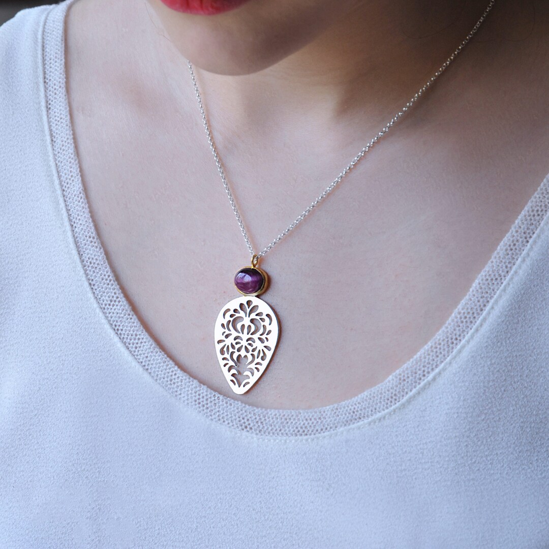 Silver Cat Eye Necklace Statement Tiger Eye Pendant With Etsy UK