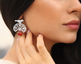 Handmade Sterling Silver Bird Dangle Earrings, Agate or Pearl