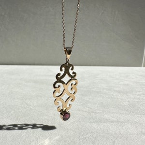 18k Solid Gold Pendant with Garnet Gemstone, Gold Persian Pattern Necklace, Handmade Necklace, Dainty Pendant, Gift for Her