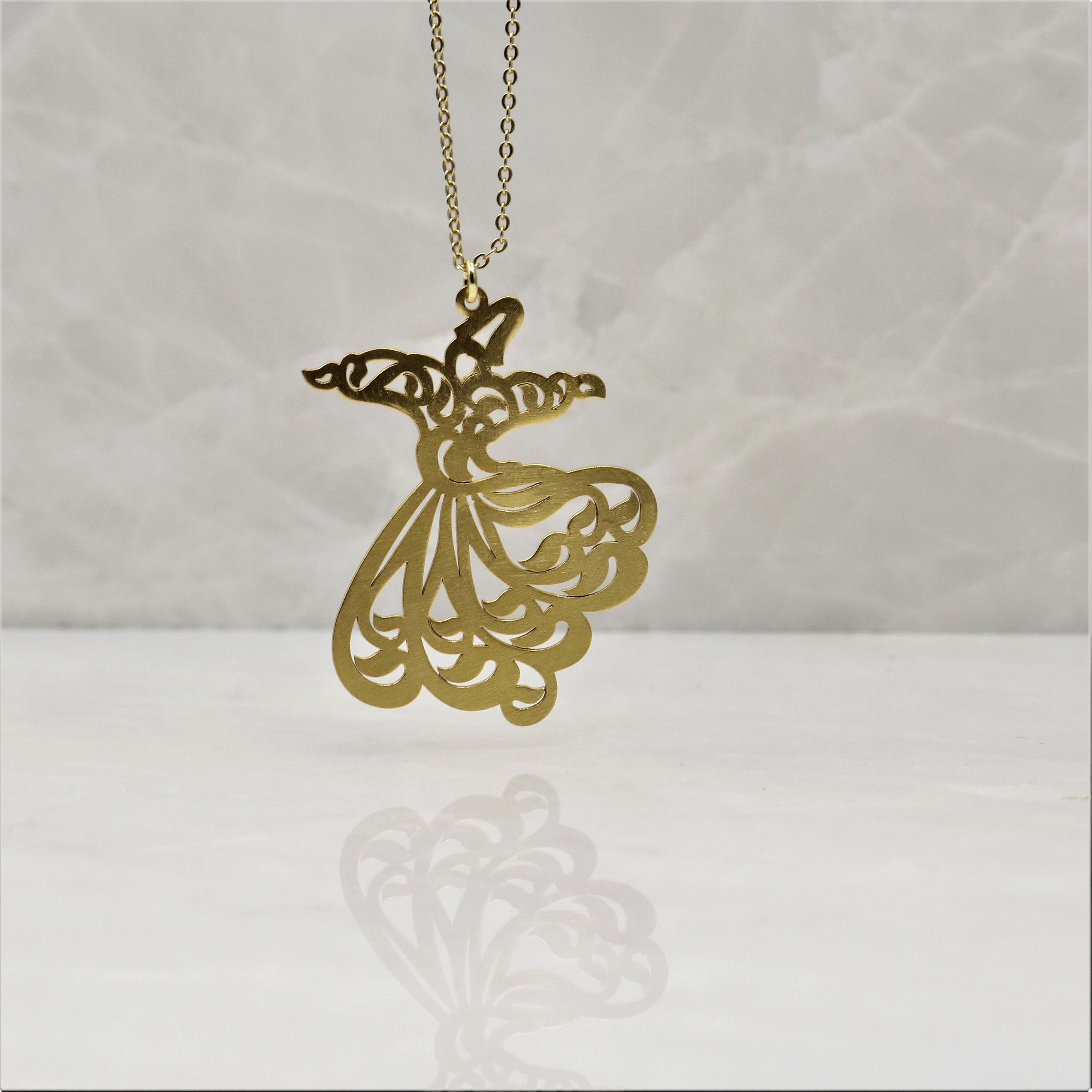Gold Plated Sterling Silver Sama Dance Dervish Necklace, Long Rumi 