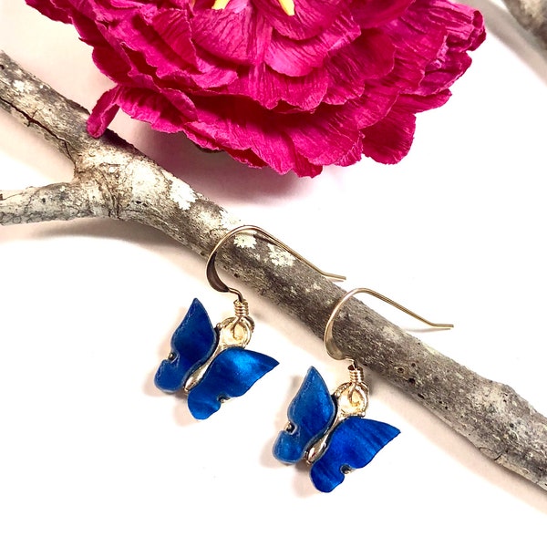 Butterfly Earrings, Gold Butterfly Earrings, Small Blue Butterfly Dangle Earrings, Minimalist Earrings, Minimalist Jewelry , Summer Jewelry