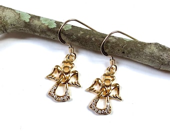 Gold Angel Earrings, Angel Earrings, Christmas Earrings , Guardian Angel Earrings, Dangle Earrings, Angel Jewelry, Holiday Earrings