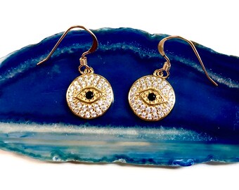 Gold Evil Eye Earrings, Evil Eye Jewelry, Evil Eye Charm, Protection Earrings, Turkish Eye Earrings, Eye Earrings,14 kt Gold Filled Earrings