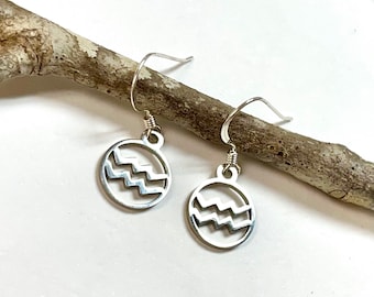 Silver Aquarius Zodiac Earrings, Aquarius Earrings, Zodiac Earrings, Dainty Aquarius Earrings, Zodiac Jewelry, Minimalist Earrings