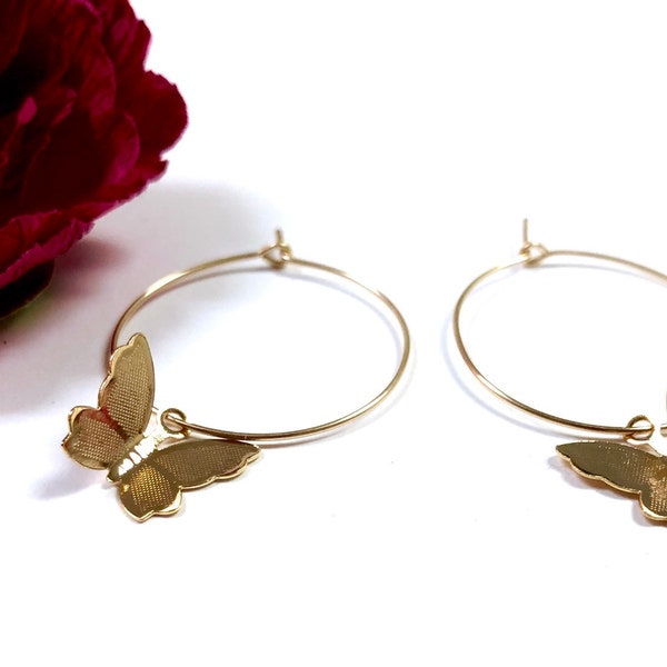 Gold Butterfly Earrings, Butterfly Hoop Earrings, Gold Hoop Earrings, Gold Hoops, Minimalist Earrings, Minimalist Jewelry, Summer Jewelry