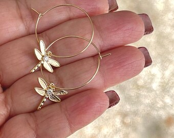 Gold Dragonfly Earrings, Dragonfly Hoop Earrings, Gold Hoop Earrings, Gold Hoops, Minimalist Earrings, Minimalist Jewelry, Summer Jewelry