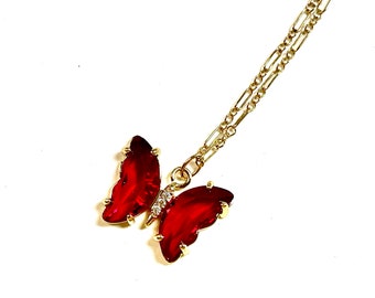 Dainty Butterfly Necklace, Red Crystal Butterfly Necklace, Gold Layering Necklace, Minimalist Necklace, Minimalist Jewelry, Summer Jewelry