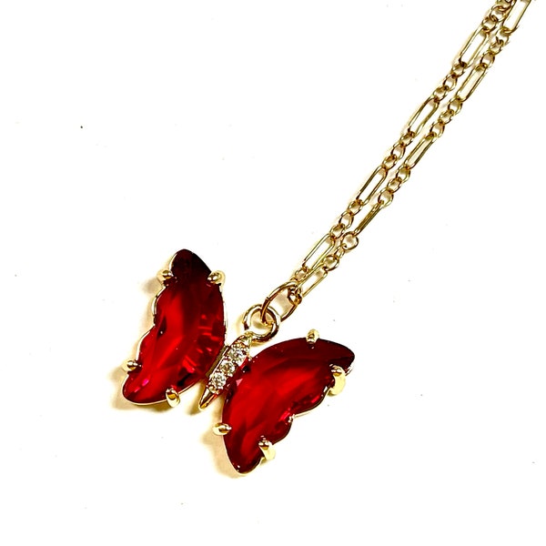 Dainty Butterfly Necklace, Red Crystal Butterfly Necklace, Gold Layering Necklace, Minimalist Necklace, Minimalist Jewelry, Summer Jewelry