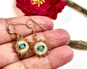 Gold Evil Eye Earrings, Evil Eye Jewelry, Evil Eye Charm, Protection Earrings, Dainty Earrings, Sunburst Earrings,14 kt Gold Filled Earrings