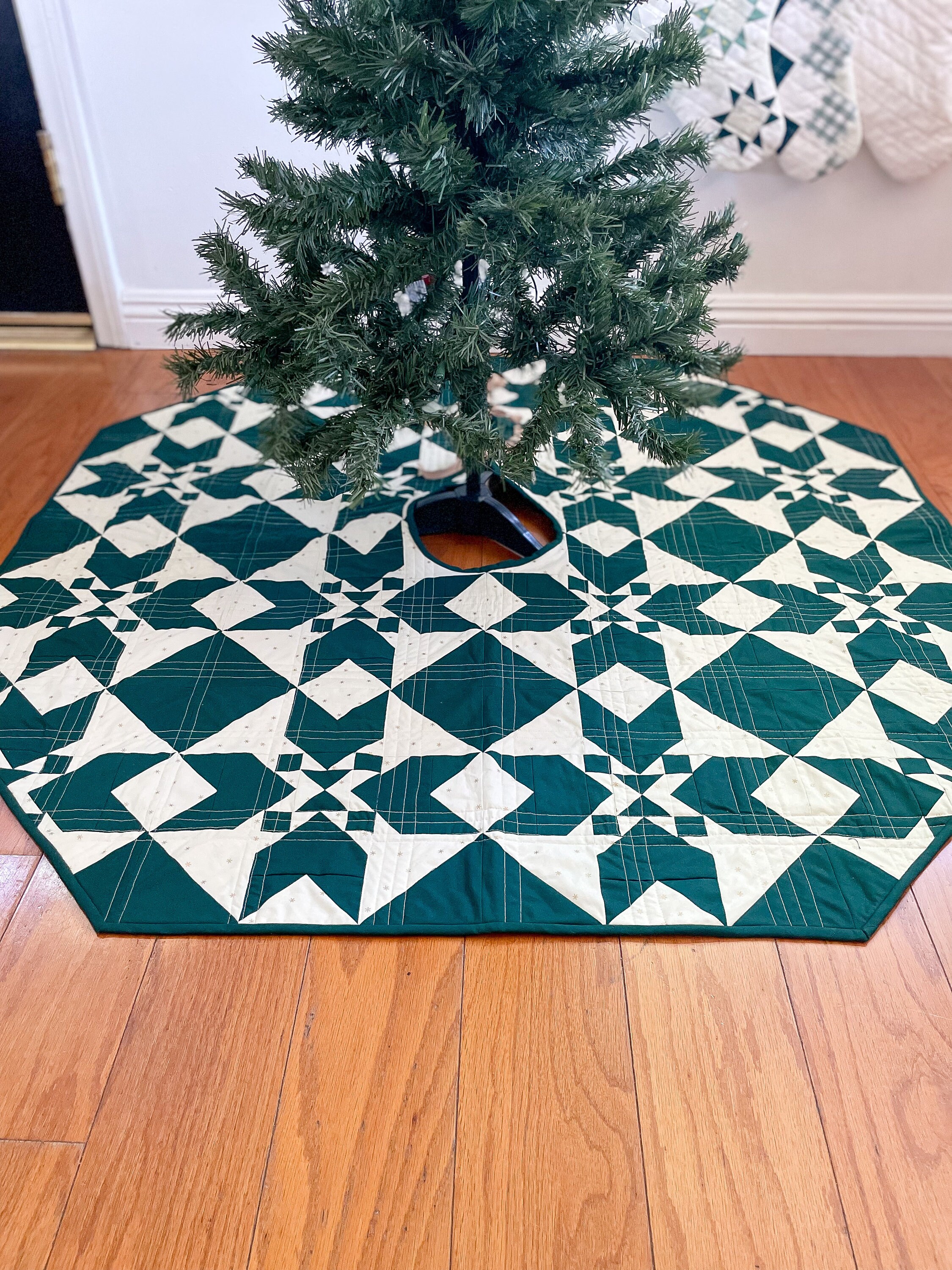 Quilted Green Holiday Tree Skirt White and Green Tree Skirt Modern