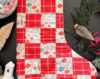 Red and White Patchwork Quilted Stocking | Vintage Ornament Stocking | Modern Quilted Stocking | Quilted Christmas Stocking