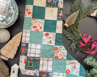 Green and White Patchwork Quilted Stocking | Classic Green Stocking | Modern Quilted Stocking | Quilted Christmas Stocking
