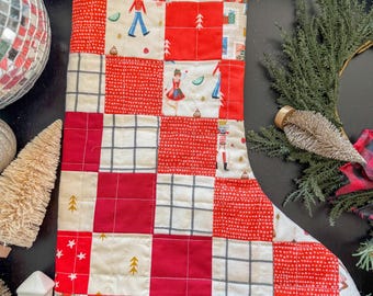 Red Gold and White Patchwork Quilted Stocking | Classic Red and White Stocking | Modern Quilted Stocking | Quilted Christmas Stocking