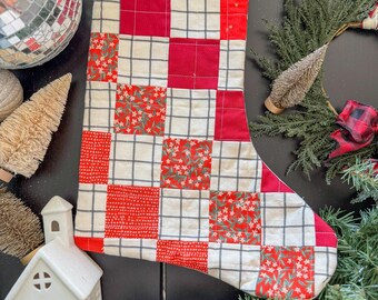 Red and White Patchwork Quilted Stocking | White and Black Windowpane Stocking | Modern Quilted Stocking | Quilted Christmas Stocking