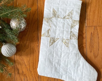 White and Gold Floral Quilted Star Stocking | Gold and White Stocking | Modern Quilted Stocking | Quilted Christmas Stocking