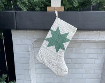 Green and White Quilted Star Stocking | Green and White Star Fableism Stocking | Modern Quilted Stocking | Quilted Christmas Stocking