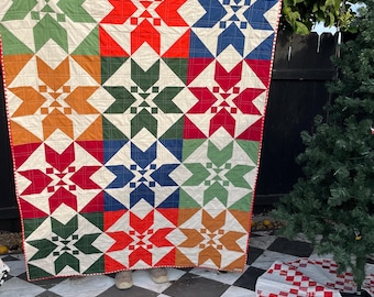 Luella Multicolor Christmas Quilt | Throw Quilt | Red, Green, Gold and Blue Quilt | Holiday Throw Quilt