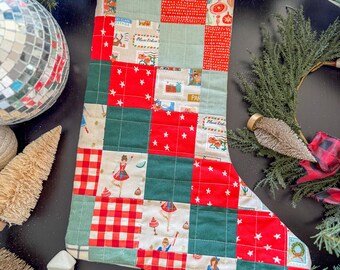 Red and White Star Patchwork Quilted Stocking | Classic Red and Green Stocking | Modern Quilted Stocking | Quilted Christmas Stocking