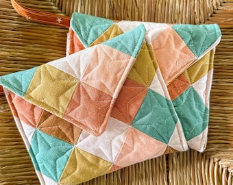 Quilted Patchwork Clutch | Orange and Yellow Patchwork Bag | Handmade Geometric Wristlet With Magnetic Snap