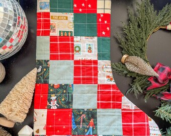 Red Green and White Patchwork Quilted Stocking | Classic Red and Green Stocking | Modern Quilted Stocking | Quilted Christmas Stocking