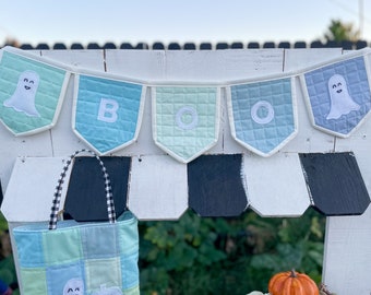 Blue and Green Quilted Pastel Boo Banner | Happy Ghost Halloween Decor | Modern Quilted Halloween Sign