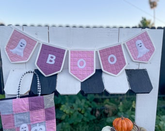 Pink and Purple Quilted Pastel Boo Banner | Happy Ghost Halloween Decor | Modern Quilted Halloween Sign