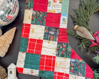Red Green and Gold Patchwork Quilted Stocking | Gold Tree Stocking | Modern Quilted Stocking | Quilted Christmas Stocking